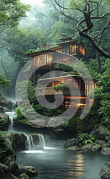 ai image creation, a house that is in the jungle with a tree, photo