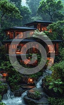 ai image creation, a house that is in the jungle with a tree,