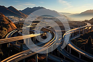 AI image Freeway interchange with multiple elevated roads and city view in the background