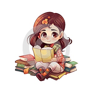 Ai Image Generative The cute girl sitting on books with a flower clip.