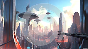 Ai Image Generative image of a futuristic city with spaceships and high-tech buildings