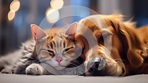 Ai Image Generative Photography of a happy, loving friendship between a dog and a cat .