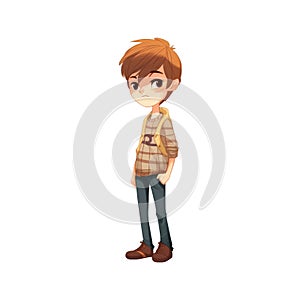 Ai Image Generative Standing boy with brown hair and an expression of sadness.