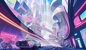 Ai Image Generative Walking through the Streets of a Vibrant Cybernetic City in Glowing Futurism photo