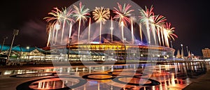 AI Image Generator of Night scene of the Olympic Stadium lit up with lights celebration fireworks