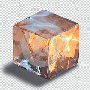 AI image, Glowing Ice Cube with Warm Light Inside and Reflections on a Transparent Surface