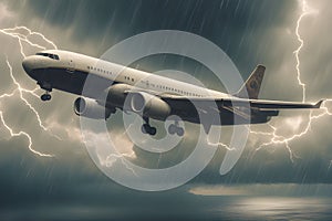 Ai image of a powerful image emerges of a plane bravely soaring through a turbulent storm