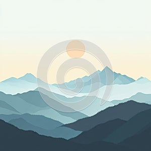 AI image Serene mountain landscape painting with warm sun and cool blue gradient layers evoking