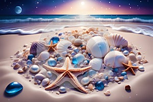 Ai image showcases a beautifully composed arrangement of shells, starfish, and pebbles