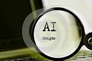 AI image technology demonstrated with laptop, text and magnifying glass and command prompt. Chat with artificial intelligence