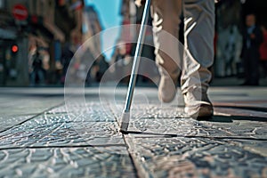 AI image of a white cane who of blind person walks along the sidewalk of a city street, low-angle view