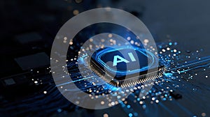 AI innovation futuristic concept. Technology blue background. ON Power blue button, and circuit board. Artificial intelligence and