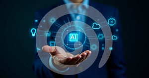 AI Innovation: Hand Holding Futuristic Chip with AI Symbol