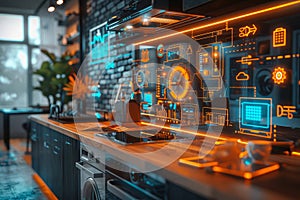 AI interface analyzing home appliance data, predictive maintenance concept, tech scene photo
