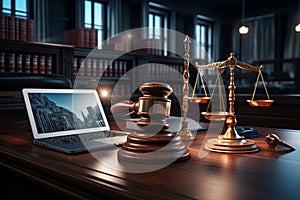 AI Law. Legal Gavel, Laptop and Astute Icons for Online Technology Regulation Control