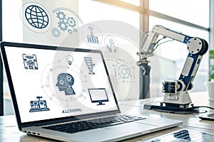 AI Learning and Artificial Intelligence Concept - Icon Graphic Interface showing computer, machine thinking and AI Artificial