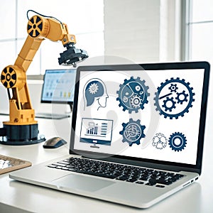 AI Learning and Artificial Intelligence Concept - Icon Graphic Interface showing computer, machine thinking and AI Artificial