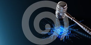AI and Legal Systems: Judge's Gavel Symbolizing Law and Order with Artificial Intelligence Processor