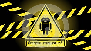 AI Lettering - Artificial Intelligence on a warning sign with caution tapes in black yellow colour