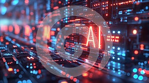 AI letters glow prominently on complex circuit board. Artificial Intelligence Concept