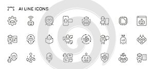 Ai line icon. Artificial intelligence bot, voice and text chatbot, computer vision and speech recognition, neural