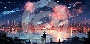 ai look out at a city with fireworks behind them, in the style of digital painting,