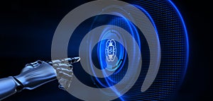 AI machine deep learning neural network cyber brain modern technology concept. Robotic hand pressing button 3d render.