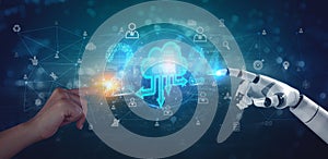 AI 2024 machine deep learning, robot touch in big data network connection cloud computing concept, data exchange, chart analysis,