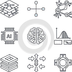 AI Machine Learning Data Science Technology Line Icons Set