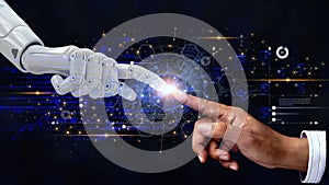 AI, Machine learning, Hands of robot and human touching the big data exchange with analog and digital transformation algorithms,