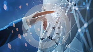 AI, Machine learning, Hands of robot and human touching on big data network connection, Data exchange, deep learning