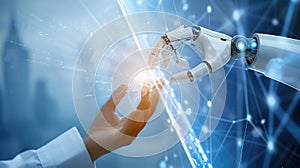 AI, Machine learning, Hands of robot and human touching on big data network connection, Data exchange, deep learning