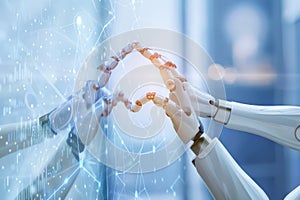 AI, Machine learning, Hands of robot and human touching on big data network connection, Science and artificial intelligence