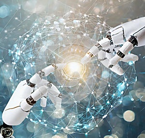 AI, Machine learning, Hands of robot and robottouching on big data network connection background, Science and artificial