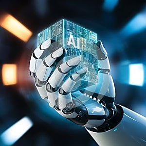 AI, machine learning, human and robot hands interacting with massive amounts of data connected to a global network