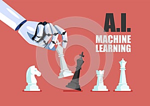 AI Machine Learning. Robot hand use white king checkmate the black king