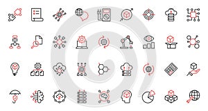 AI, machine learning and science trendy red black thin line icons set, neural electronic system, innovation.