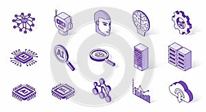 AI and Machine Learning Technology Icons: Brain, Robot, Chip, Data, Cloud, Server, Gear