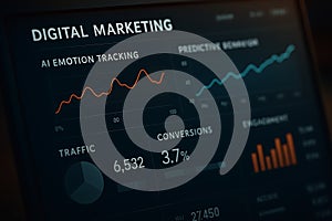 AI Marketing Analytics Dashboard Close-Up. Emotion Tracking and Predictive Behavior Graphs with Cinematic Lighting