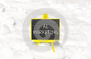 AI marketing symbol. Concept words AI artificial intelligence marketing on blackboard. Beautiful snow background. Business AI