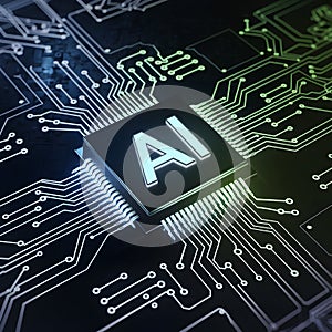 AI microchip in blue green circuits, symbolizing artificial intelligence advancements
