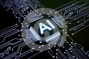 AI microchip in blue green circuits, symbolizing artificial intelligence advancements