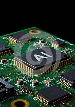 AI Microchip on Circuit Board Closeup Artificial Intelligence Hardware Machine Learning Processor