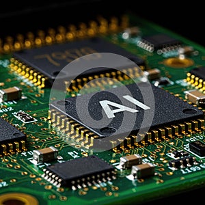 AI Microchip on Circuit Board Closeup Artificial Intelligence Hardware Machine Learning Processor
