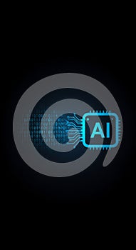 AI microchip with circuit board pattern. Artificial intelligence processor concept