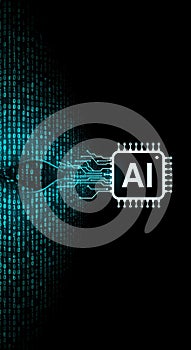 AI microchip with circuit board pattern. Artificial intelligence processor concept