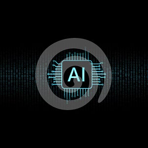 AI microchip with circuit board pattern. Artificial intelligence processor concept