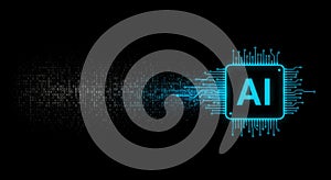 AI microchip with circuit board pattern. Artificial intelligence processor concept