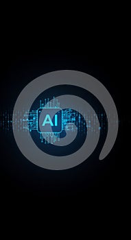 AI microchip with circuit board pattern. Artificial intelligence processor concept