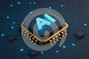 AI Microchip on Circuit Board Showcasing Advanced Technology in Computing and Artificial Intelligence Development